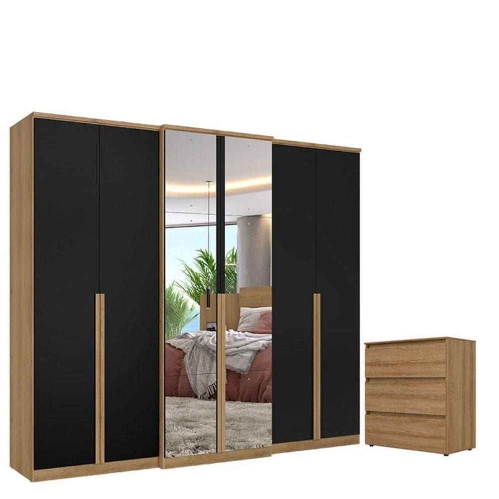 Guarda Roupa Casal Valência 6 Portas Full Glass Capuccino Preto E Cômoda Gaveteiro Condessa Acetinado - Thb