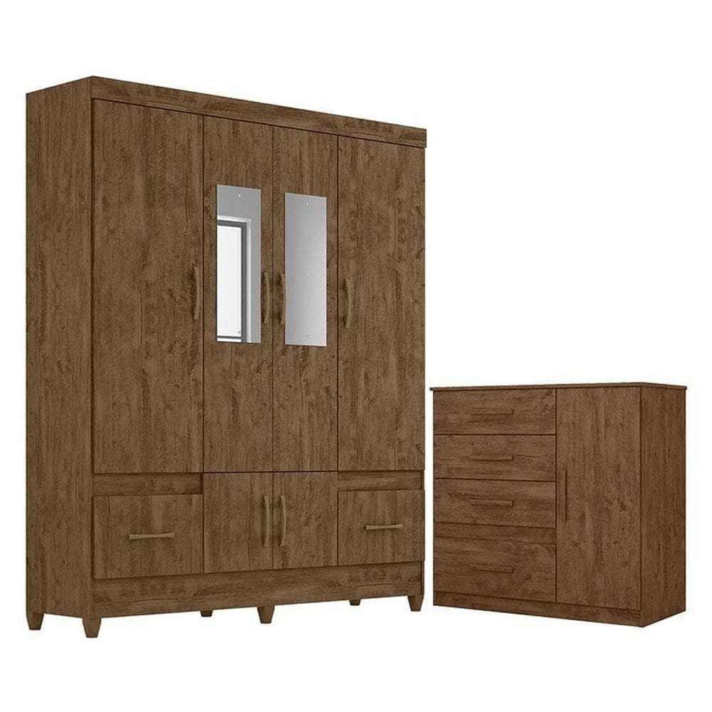 Guarda Roupa Casal Ms912 Com Espelho E Cômoda Vênus Castanho Wood - Moval