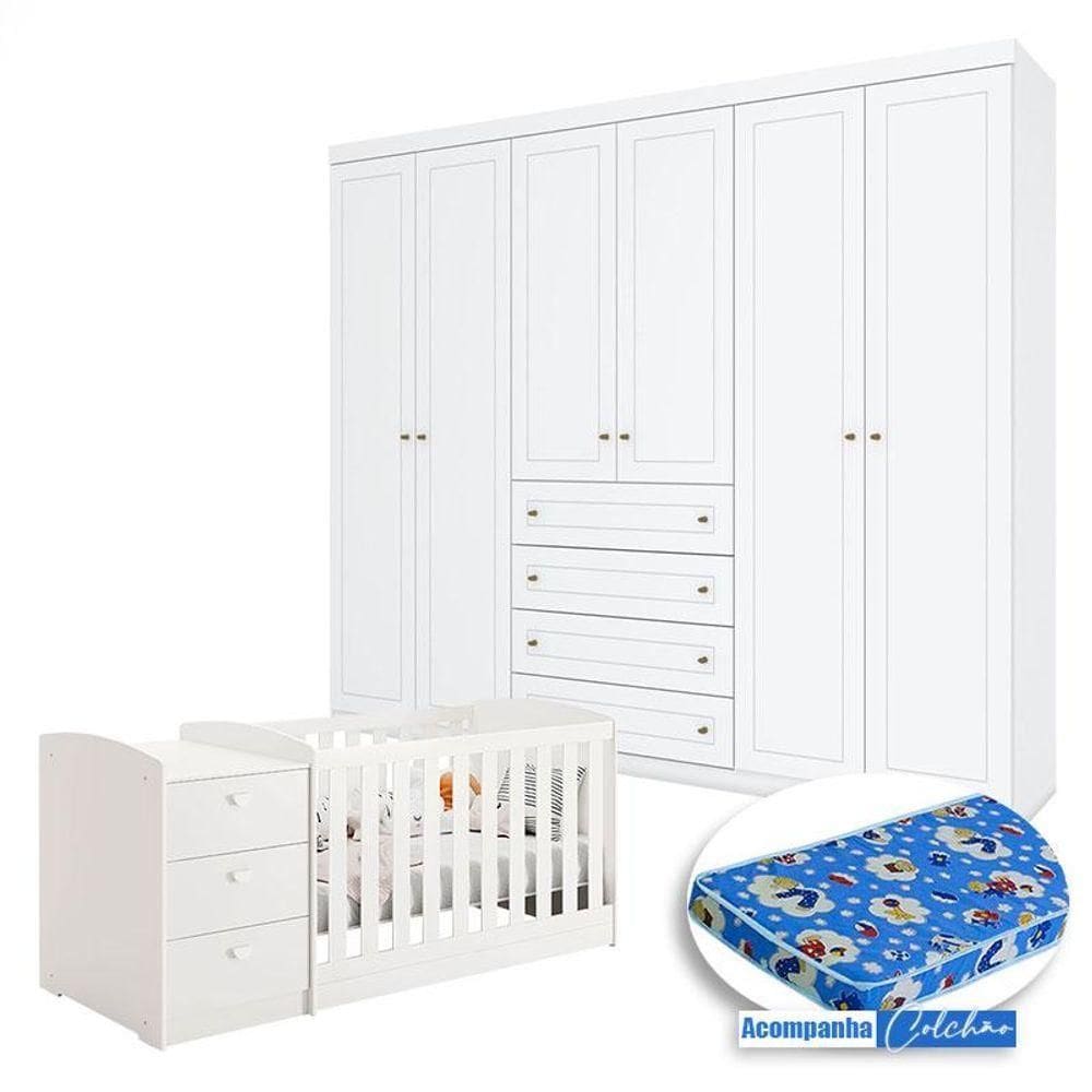 Berço Multifuncional Atlanta E Guarda Roupa 6 Portas Mississipi Branco Fosco Henn Com Colchão Ortobom - Reller