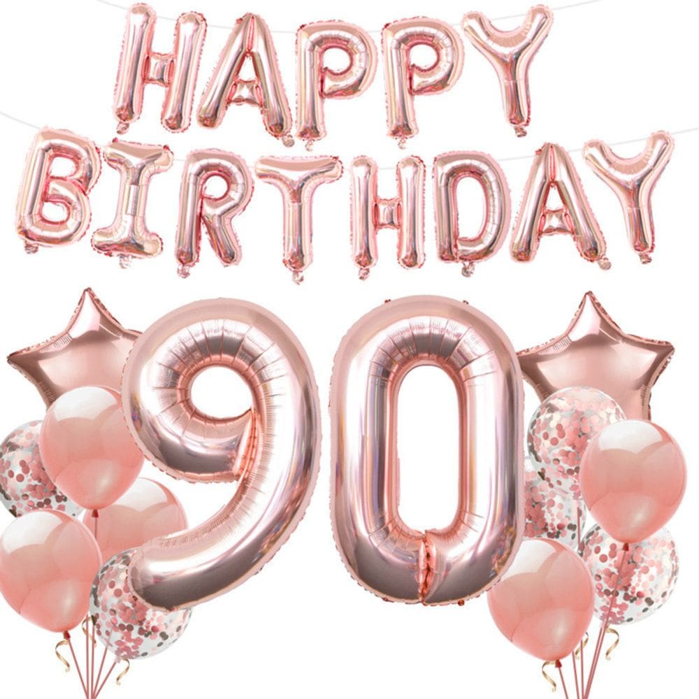 Kit de balões de aniversário 90º em ouro rosa 13 unidades com balão de alumínio