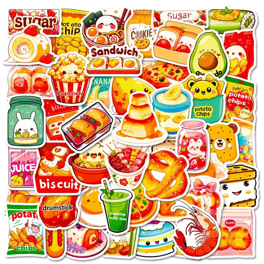 Pacote de adesivos Cute Snack 50 unidades Kawaii Cartoon Food Waterproof