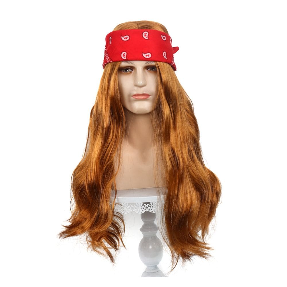 Peruca retrô punk marrom ondulada com bandana vermelha de 55 cm para todas as idades