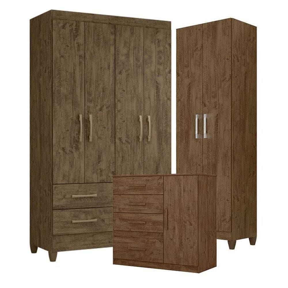 Guarda Roupa Solteiro Chile Com Cômoda Vênus E Armário Multiuso New íris Castanho Wood - Moval