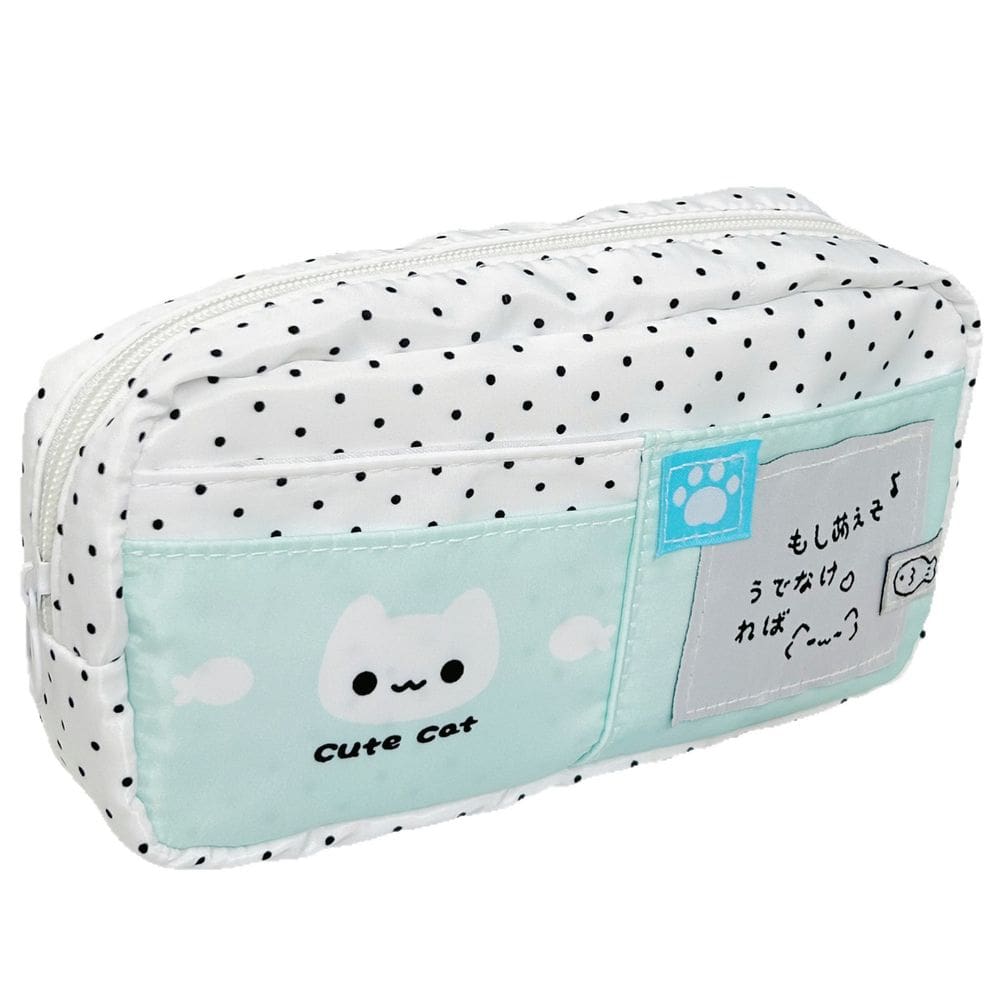 Estojo de lápis Cute Mint Blue Polka Dot Cat de grande capacidade