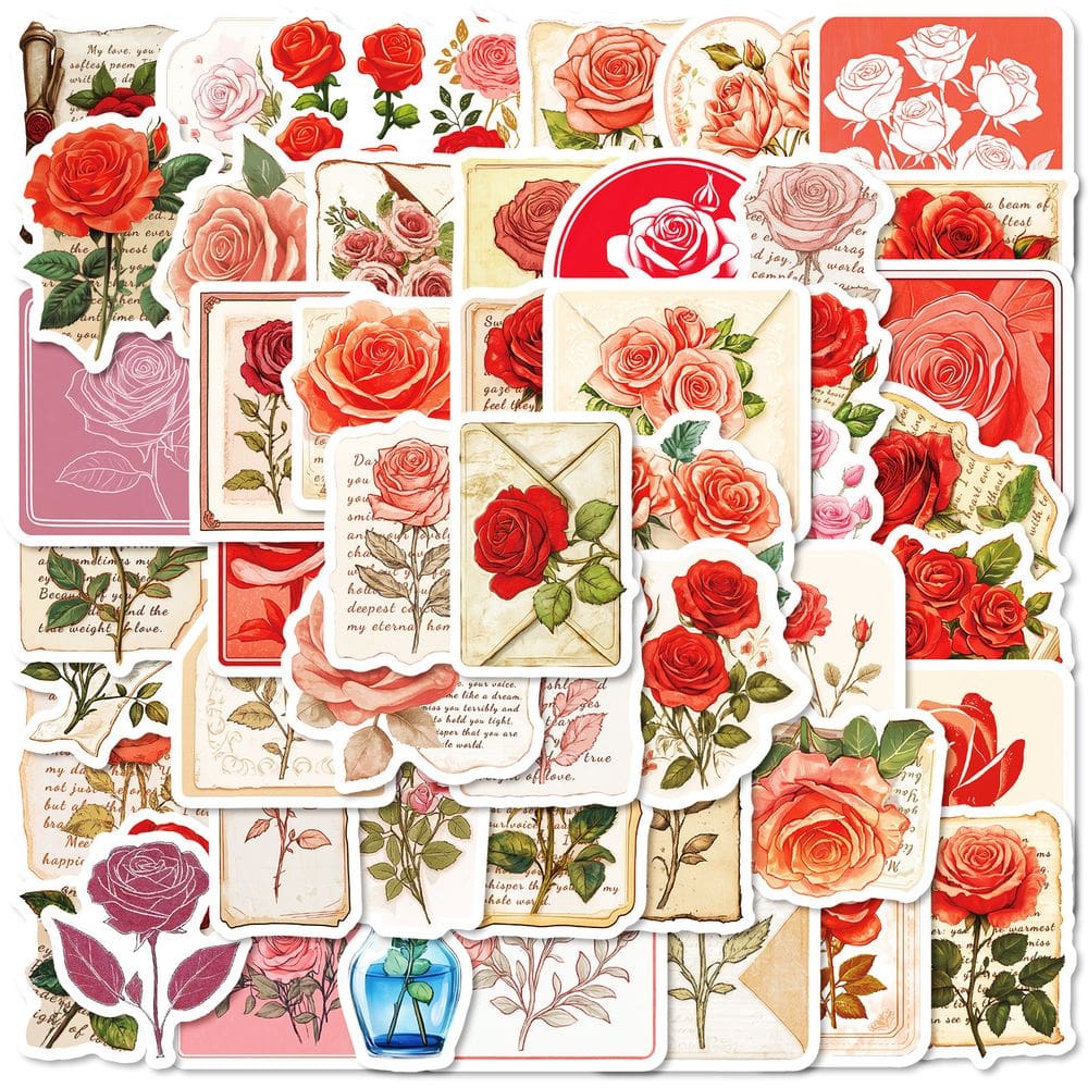 Adesivos vintage, rosa romântica, rosa vermelha, estética, 50 unidades