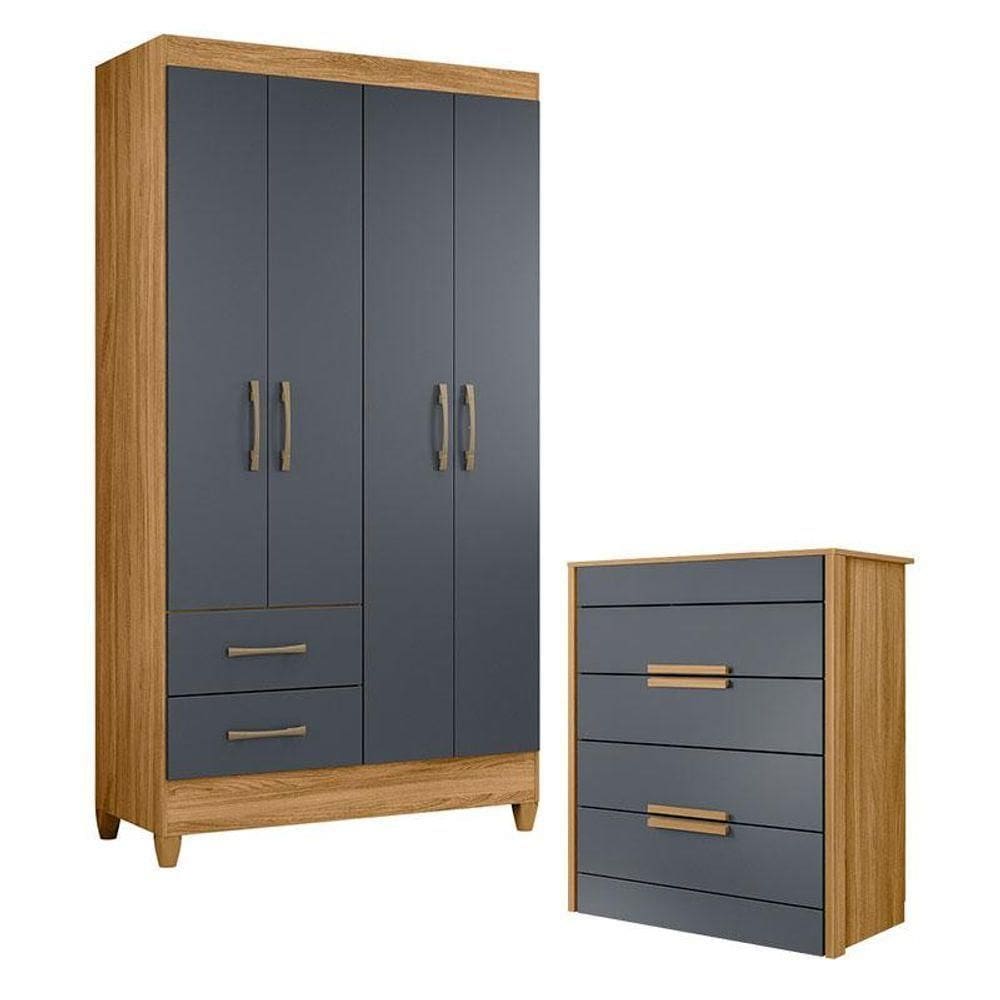 Guarda Roupa Solteiro Chile E Cômoda Dhara Freijó Cinza - Moval