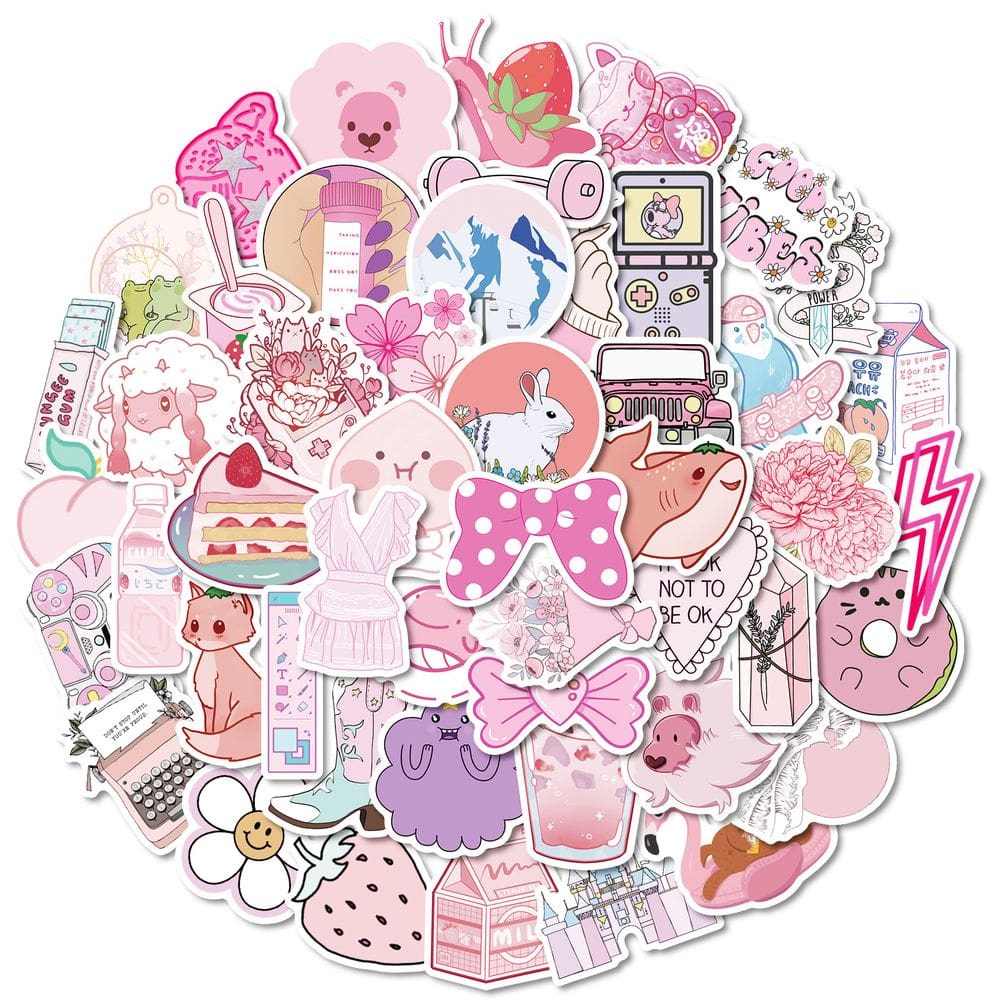 Pacote de adesivos: 50 peças de desenho animado rosa para meninas, vinil impermeável