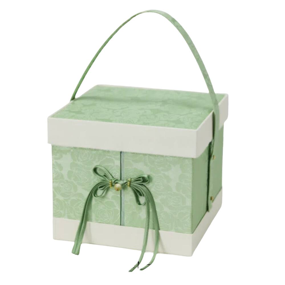 Caixa de lembrancinhas de casamento elegante em couro verde com laço de pérola