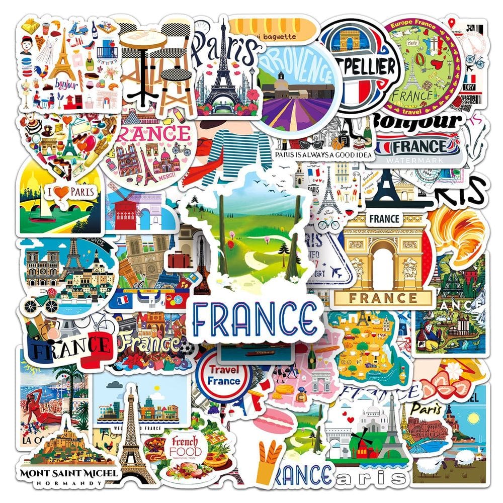 Pacote de adesivos France Travel, 50 unidades de decalque de vinil impermeável