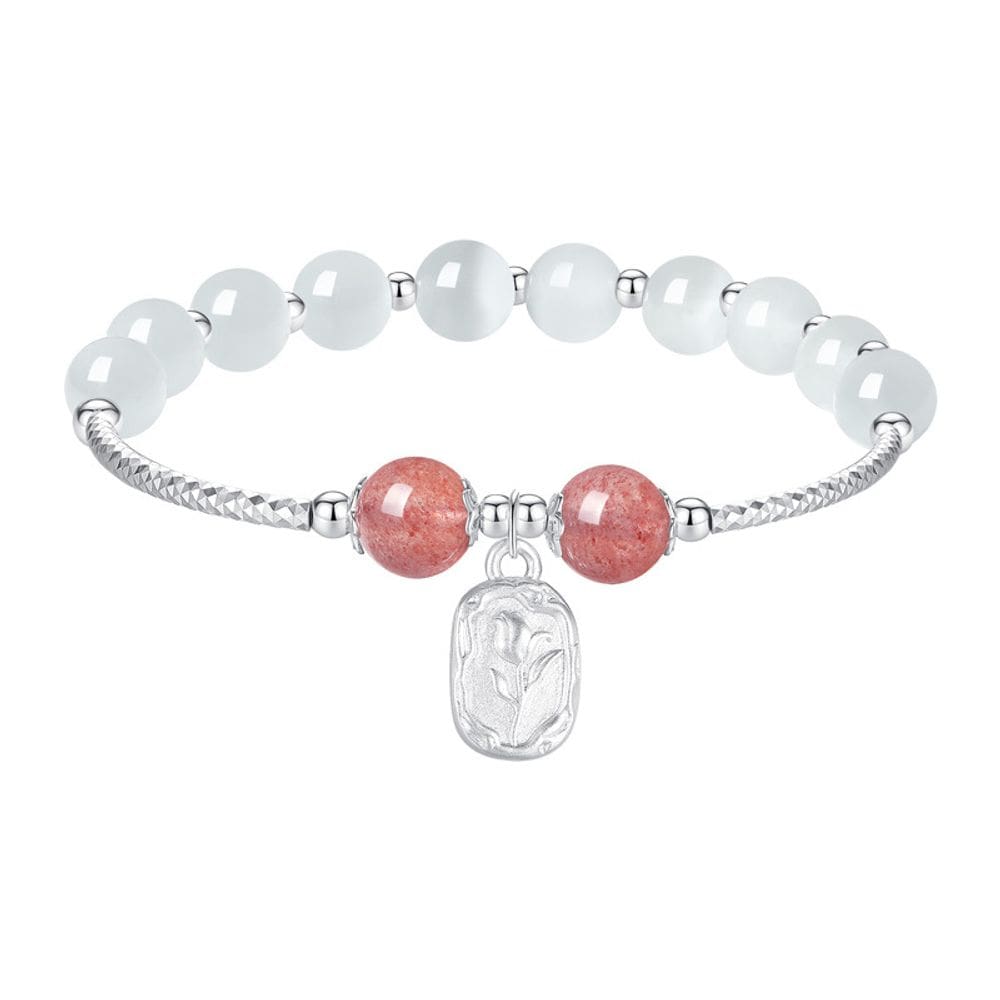 Pulseira de quartzo morango e olho de gato branco para mulheres