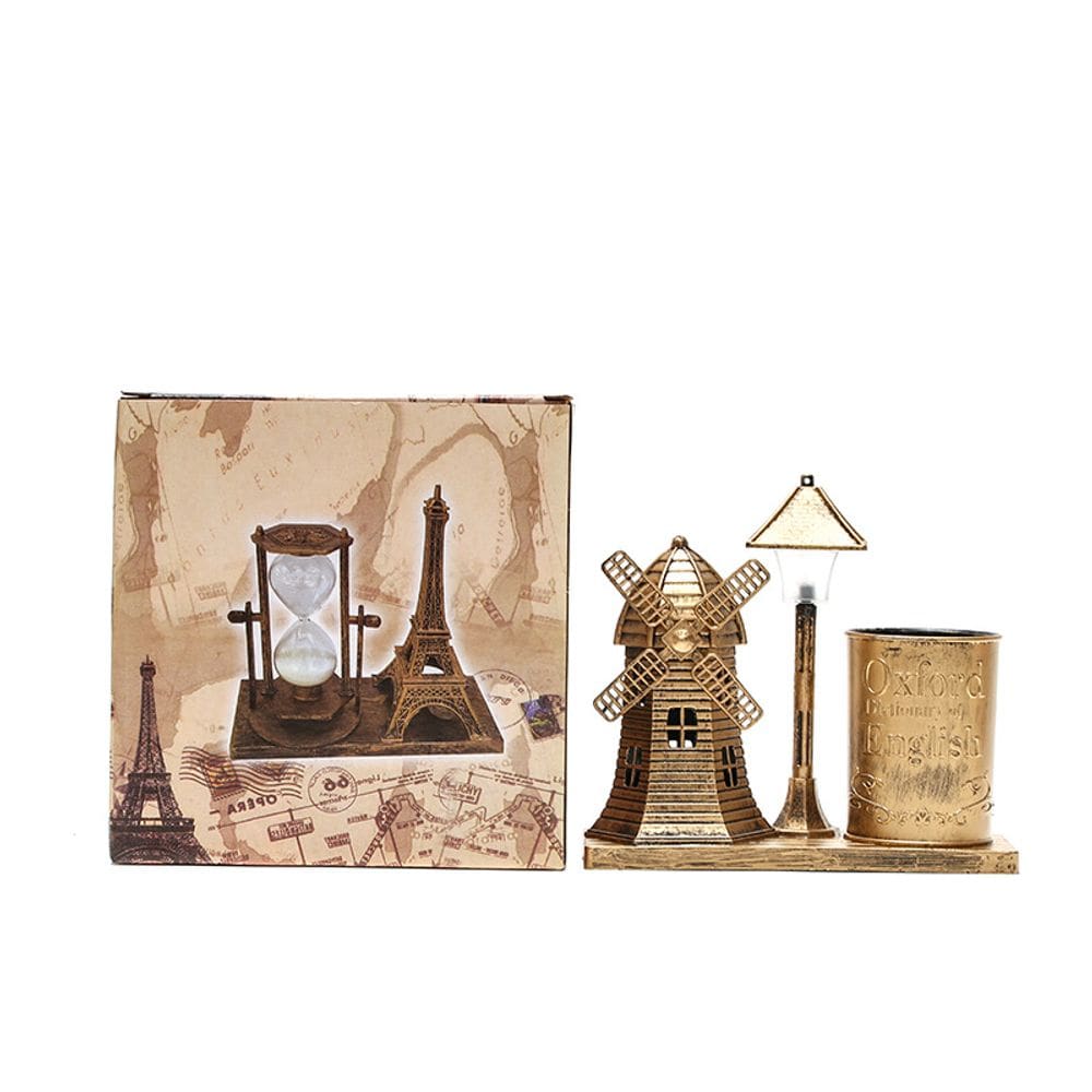Porta-canetas com design vintage de moinho de vento com luz noturna de plástico