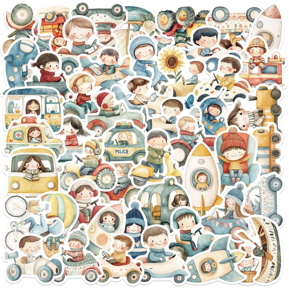 Adesivos para veículos de desenhos animados em aquarela, 50 unidades para crianças