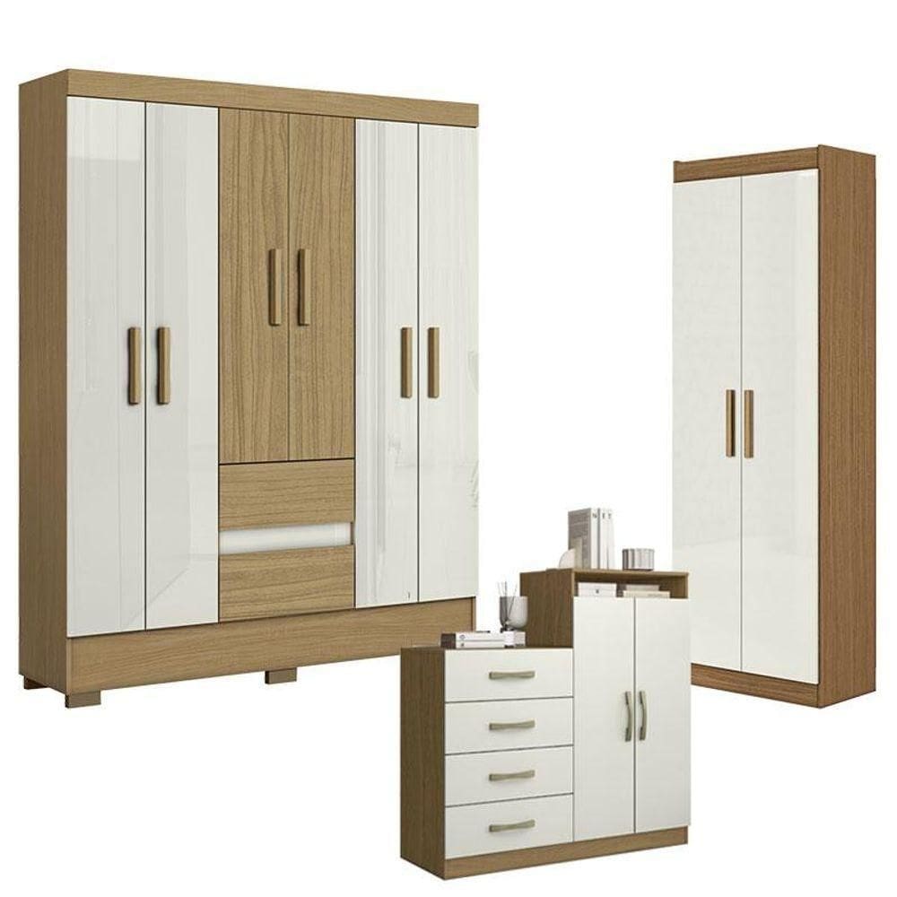 Guarda Roupa Casal Coimbra 2005138 Com Armário Multiuso New 2000191 E Cômoda Londres Atacama Off White - Aramóveis