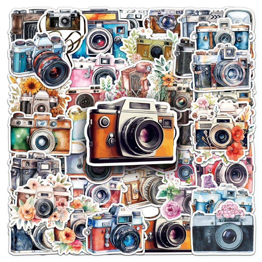 Pacote de adesivos com tema de câmera vintage, vinil impermeável, 50 unidades