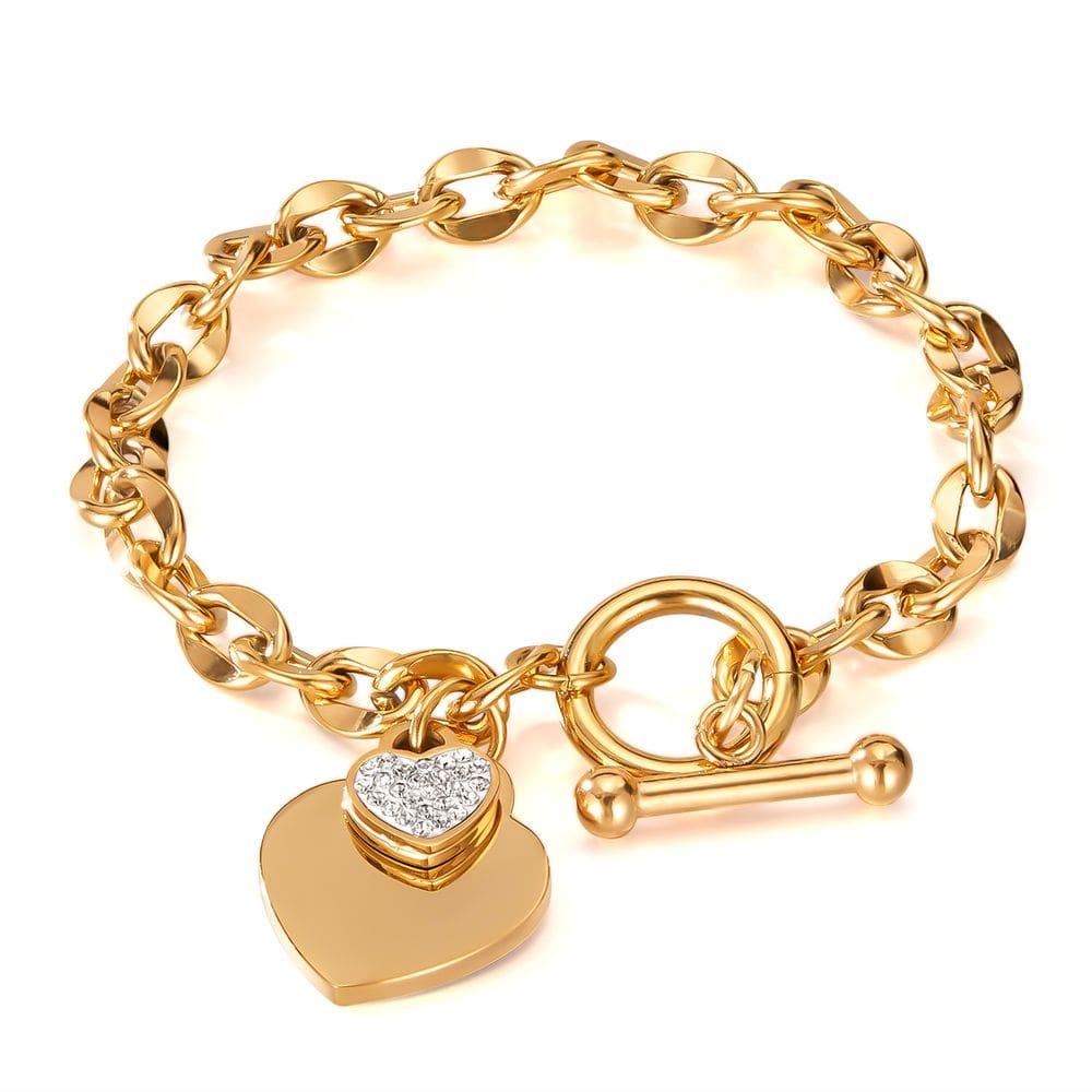 Pulseira feminina de aço inoxidável Double Heart Charm 18 cm