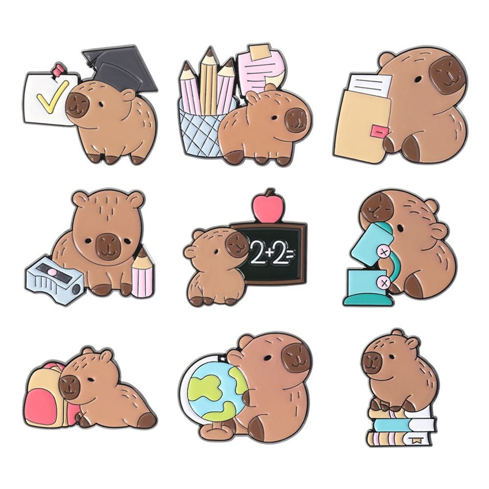 Conjunto de broches, lindo tema escolar de animais de desenho animado de capivara