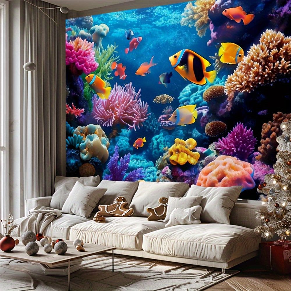 Tapeçaria de parede para pendurar peixes tropicais, recife de coral, oceano, 150x130cm