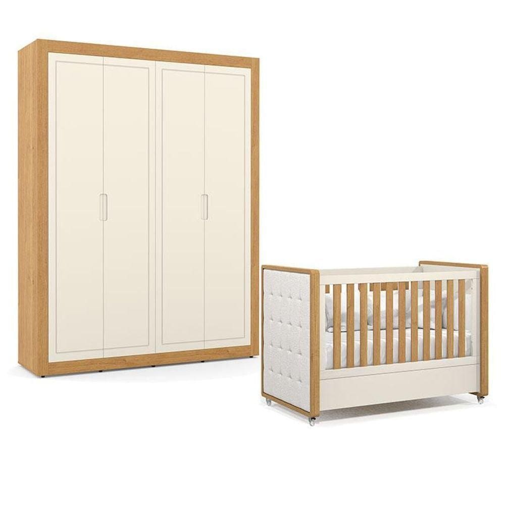 Berço Americano Com Capitonê New Boucle E Guarda Roupa Tutto New 4 Portas Freijó Off White - Matic