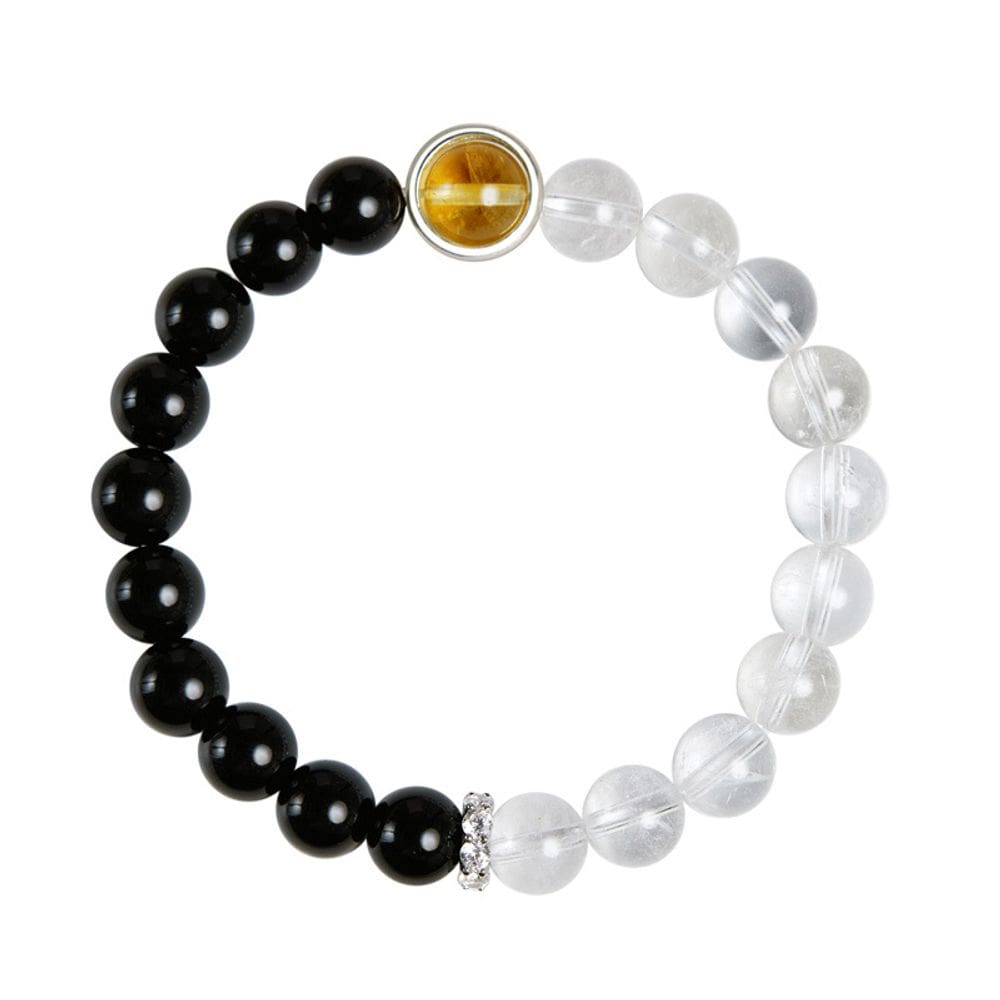 Pulseira S925 em prata com obsidiana preta, cristal branco
