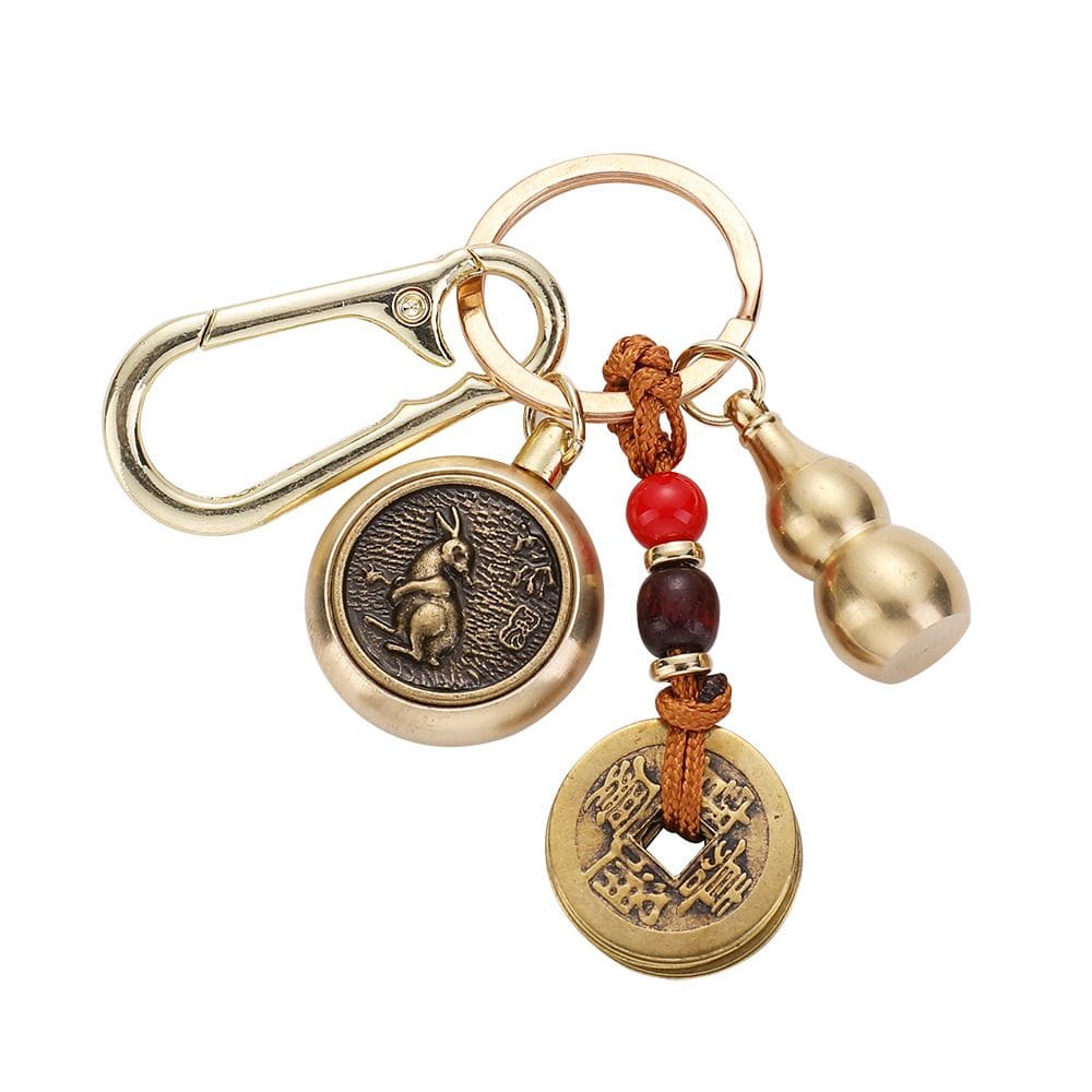 Chaveiro vintage de latão do zodíaco chinês com moeda de Feng Shui