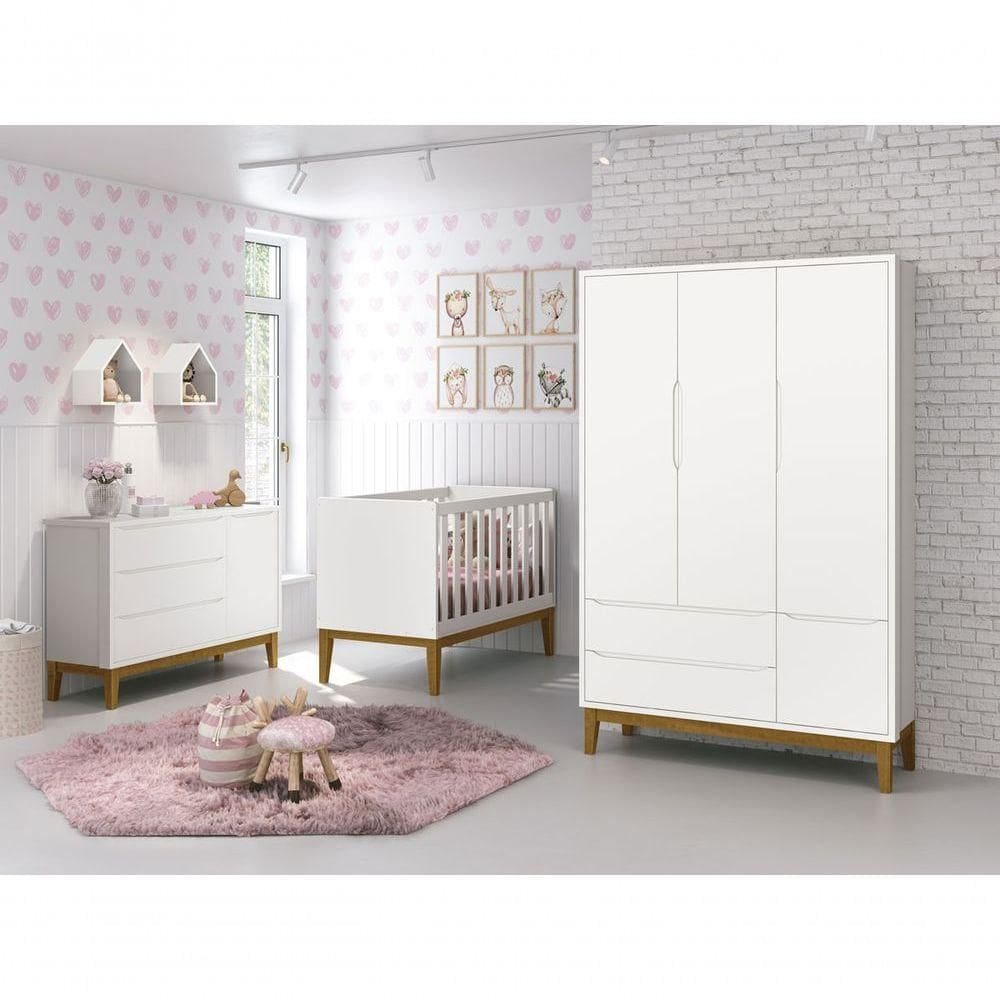 Jogo De Quarto Para Bebê Completo 3 Portas Classic New Branco Fosco Com Madeira - Moveisaqui