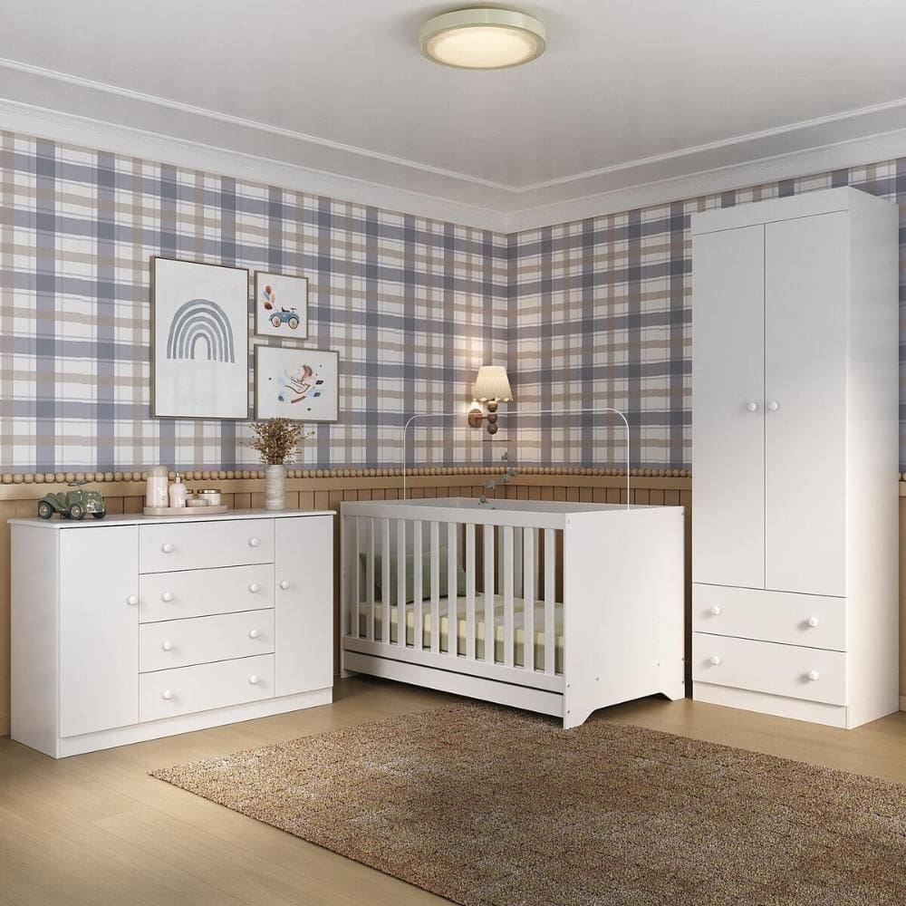 Quarto de Bebê Completo com Berço Americano 3 em 1 p/Colchão 130x70cm Encanto Multimóveis MP4593