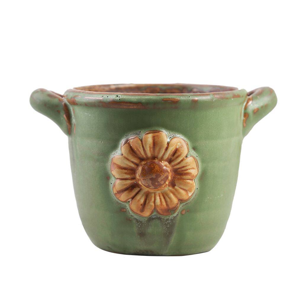 Vaso de flores de cerâmica com design de girassol em relevo 10,5 x 10,5 x 9,2 cm