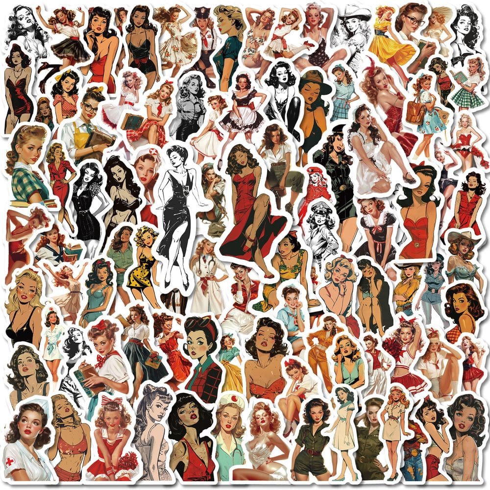 Pacote de adesivos Retro Girl Vintage Pin-Up Feminino, 100 unidades