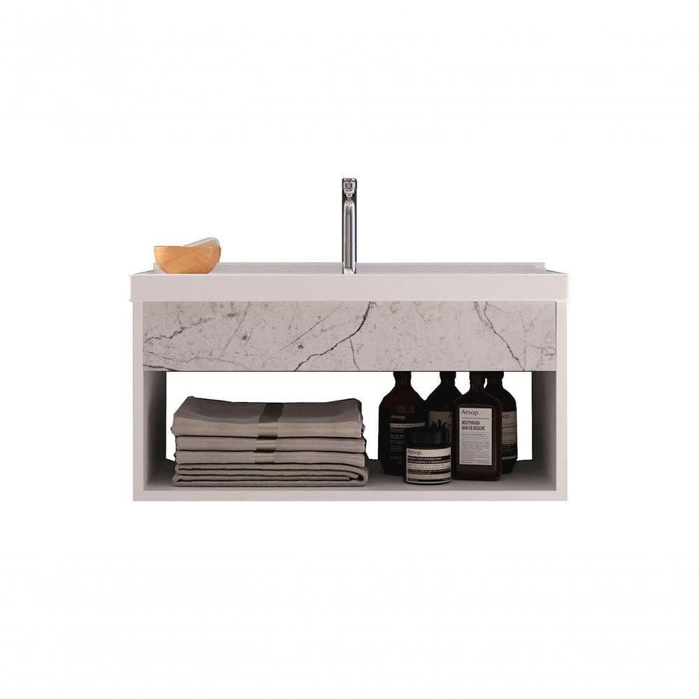 Gabinete Nicho Suspenso Para Banheiro Com Lavatório Beta Branco Com Marmorizado Branco - Moveisaqui