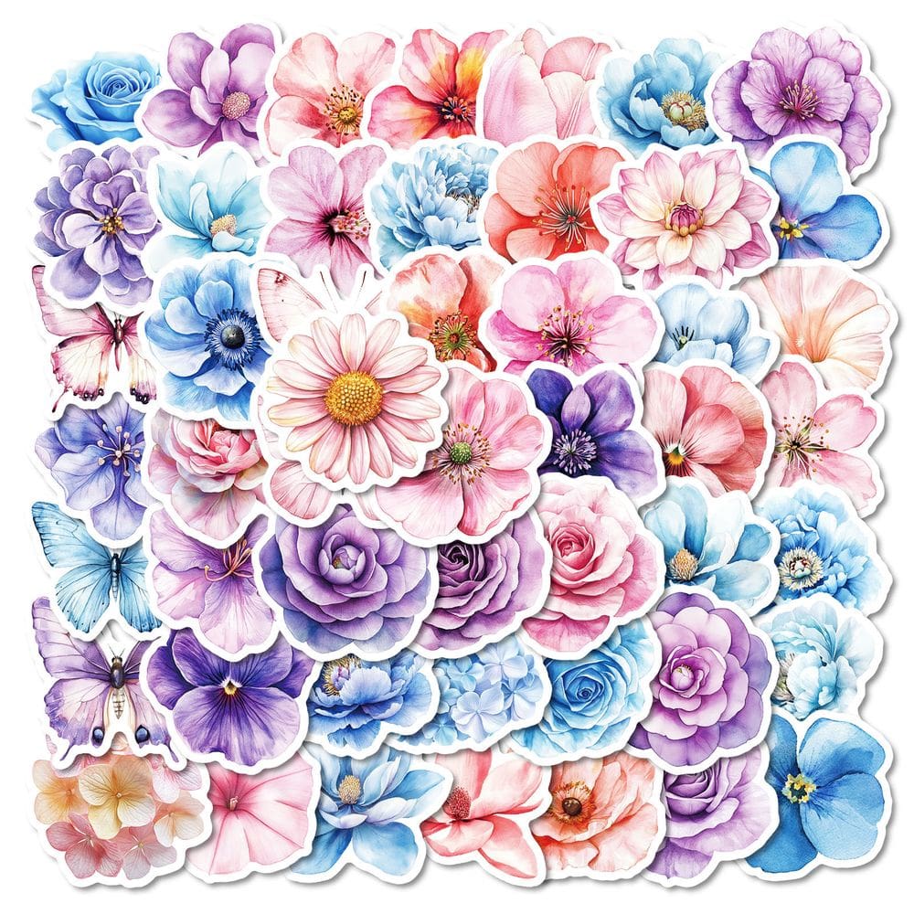 Pacote de adesivos: flor em aquarela, 50 unidades, rosa, roxo, azul, flo