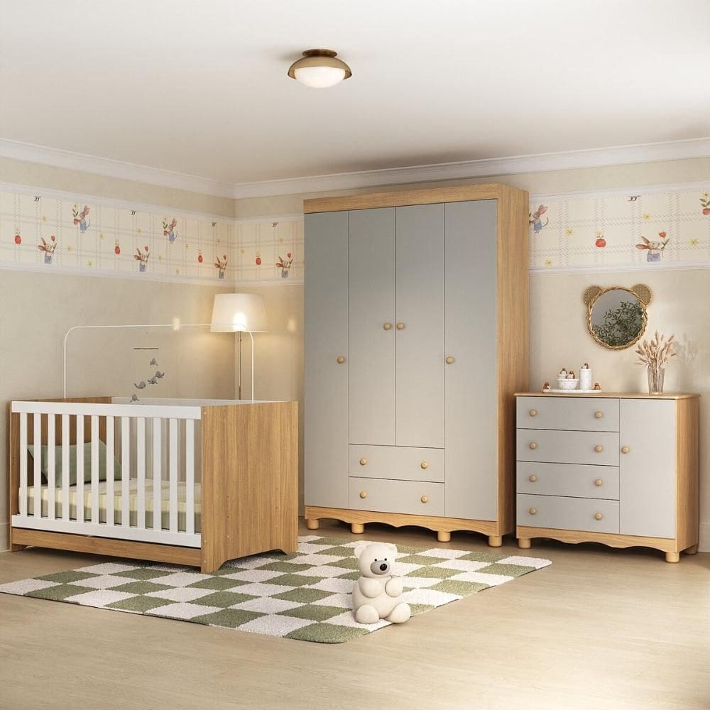 Quarto de Bebê Completo com Berço Americano 3 em 1 p/Colchão 130x70cm Dengo Multimóveis MP4584