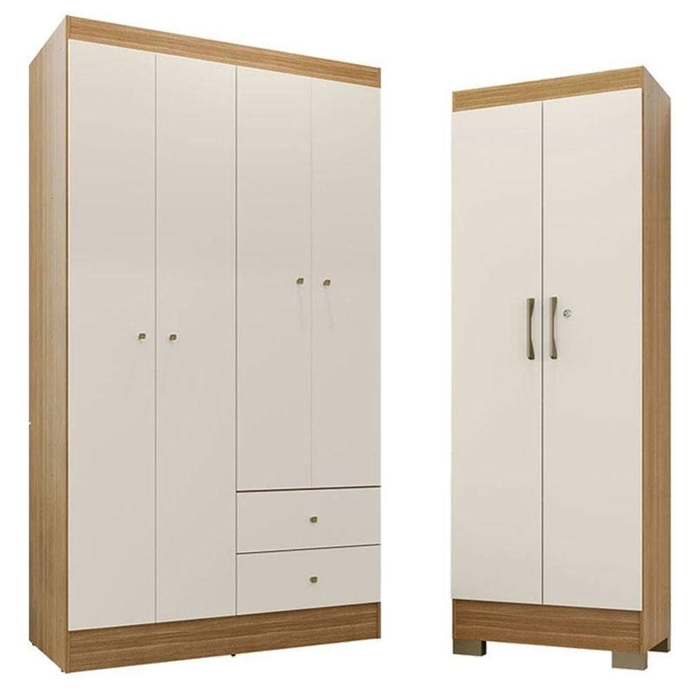 Guarda Roupa Solteiro Versa 4 Portas Com Armário Multiuso Luna Freijó Off White Fosco - Kits Paraná