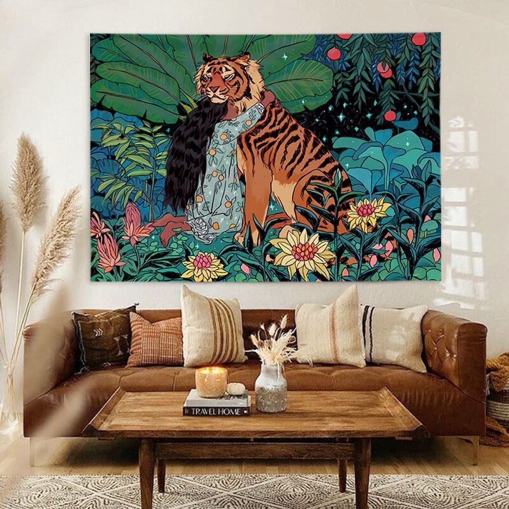 Tapeçaria para pendurar na parede Tiger and Girl Vintage Forest 150x130cm