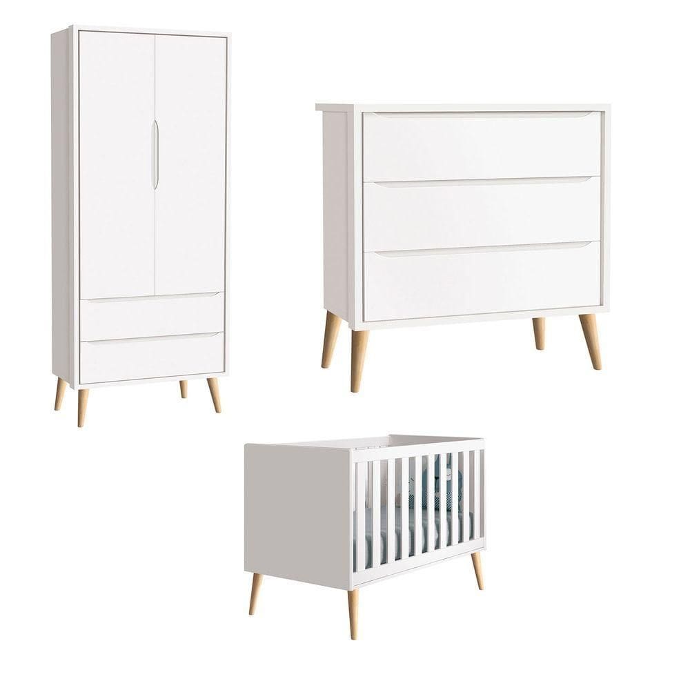 Jogo De Quarto Para Bebê Completo 2 Portas Théo New Branco Fosco Com Natural - Reller