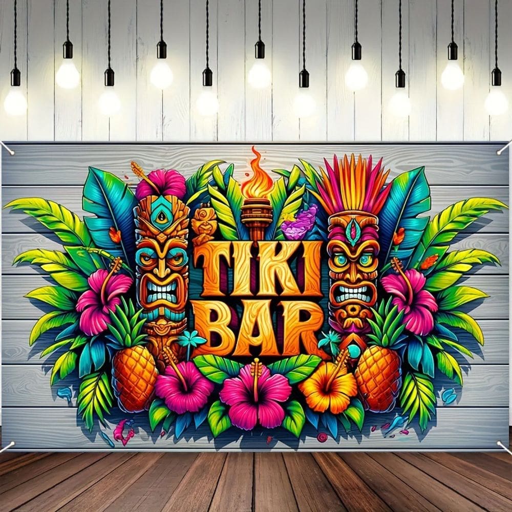 Tapeçaria para pendurar na parede Tiki Bar em estilo tropical havaiano 150x130cm