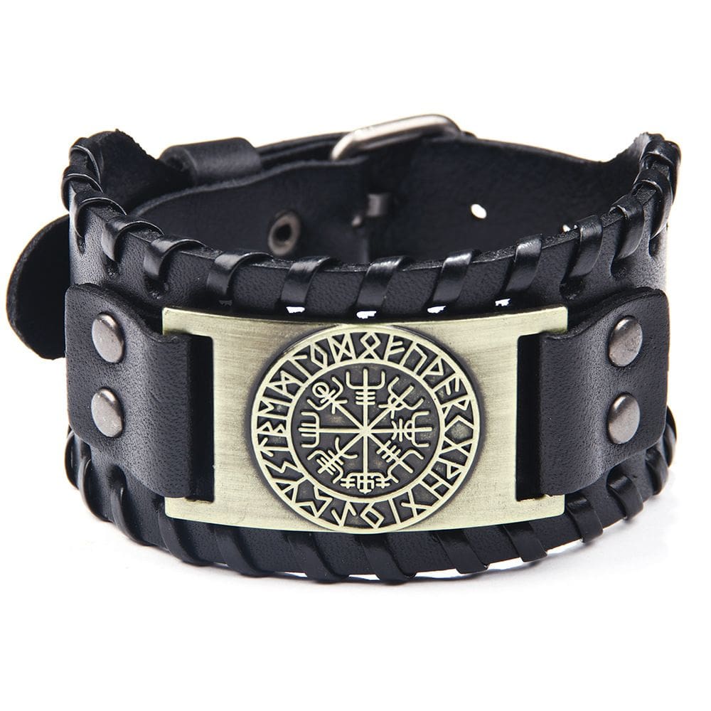 Pulseira Viking Compass Leather para homens, pulseira de punho largo