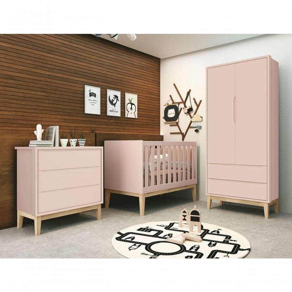 Jogo De Quarto Para Bebê Completo 2 Portas Classic New Rosa Fosco Com Natural - Reller