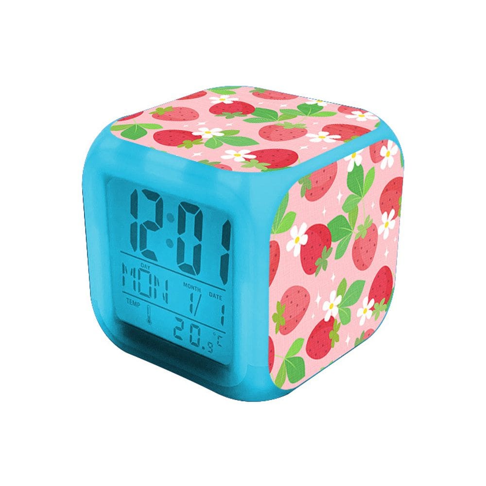 Despertador LED de morango que muda de cor, design quadrado
