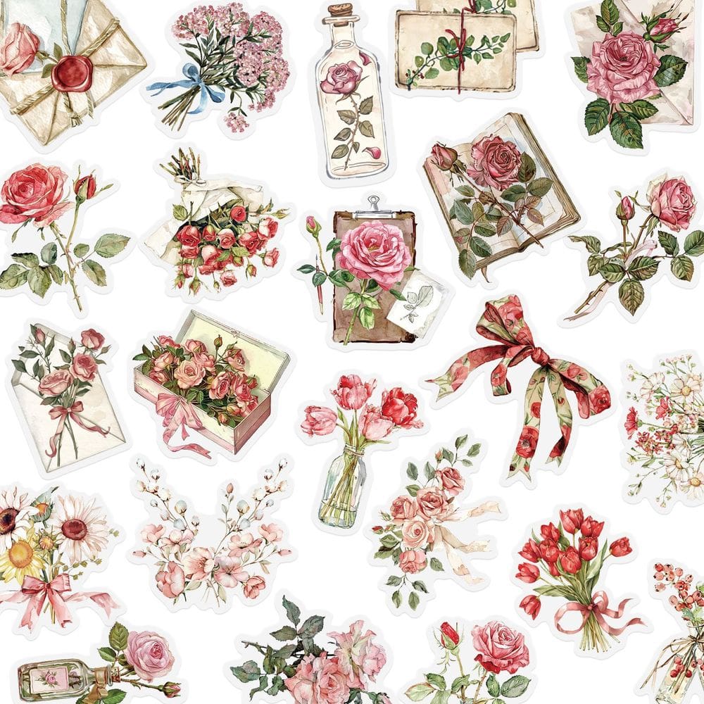 Pacote de adesivos Vintage Floral Rose Theme 50 unidades