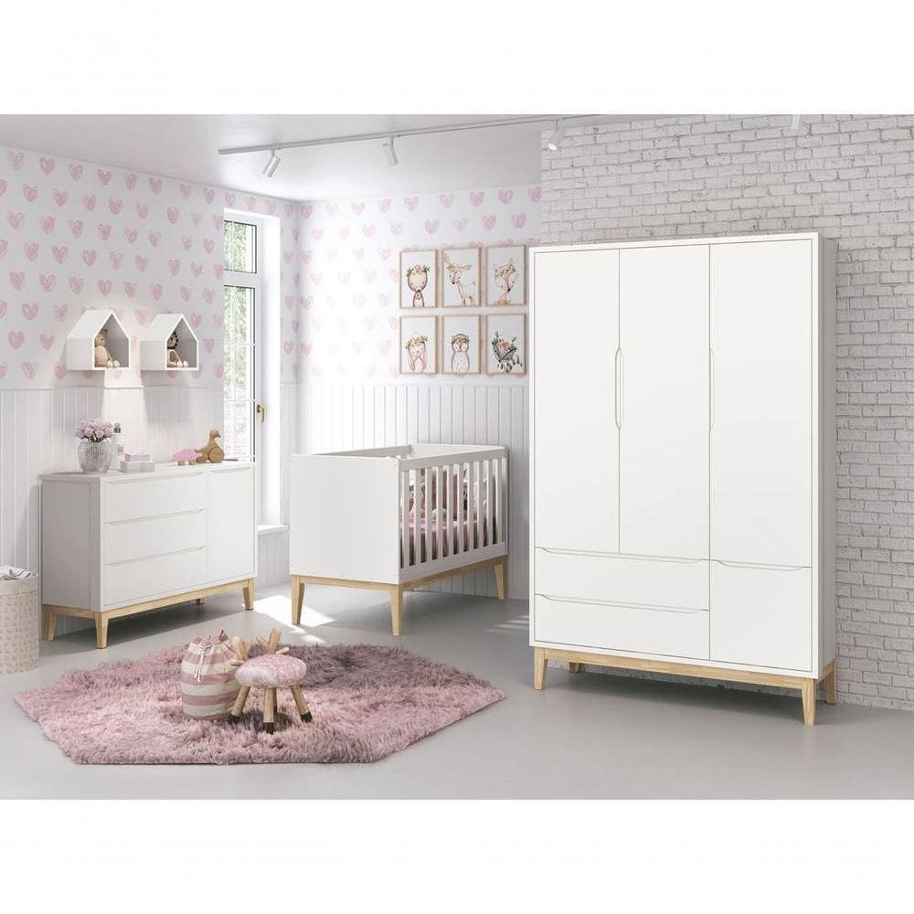 Jogo De Quarto Para Bebê Completo 3 Portas Classic New Branco Fosco Com Natural - Moveisaqui