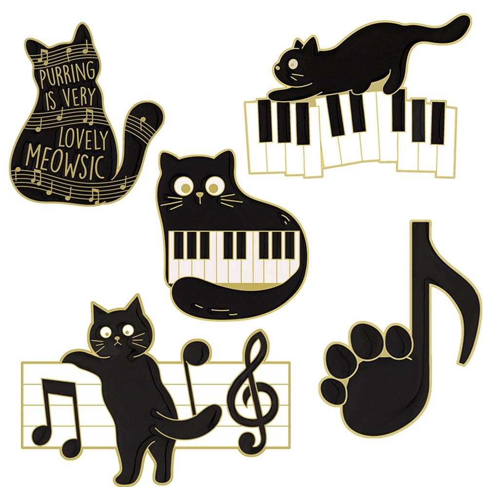 Conjunto de broches Cartoon Music Cat Black Kitty Lape Alloy