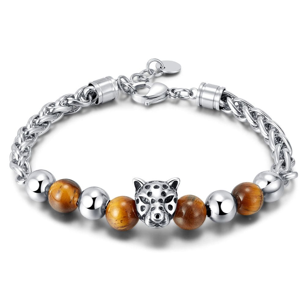 Pulseira Tiger Eye Bead com pingente de cabeça de leopardo para homens