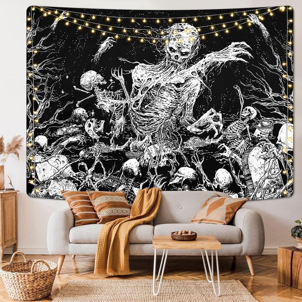 Tapeçaria para pendurar na parede Gothic Horror Skeleton 150x130cm com LED