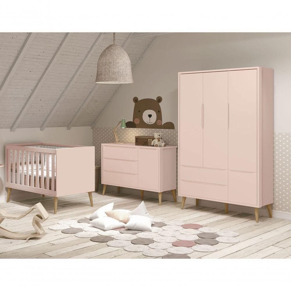 Jogo De Quarto Para Bebê Completo 3 Portas Théo New Rosa Fosco Com Natural - Reller