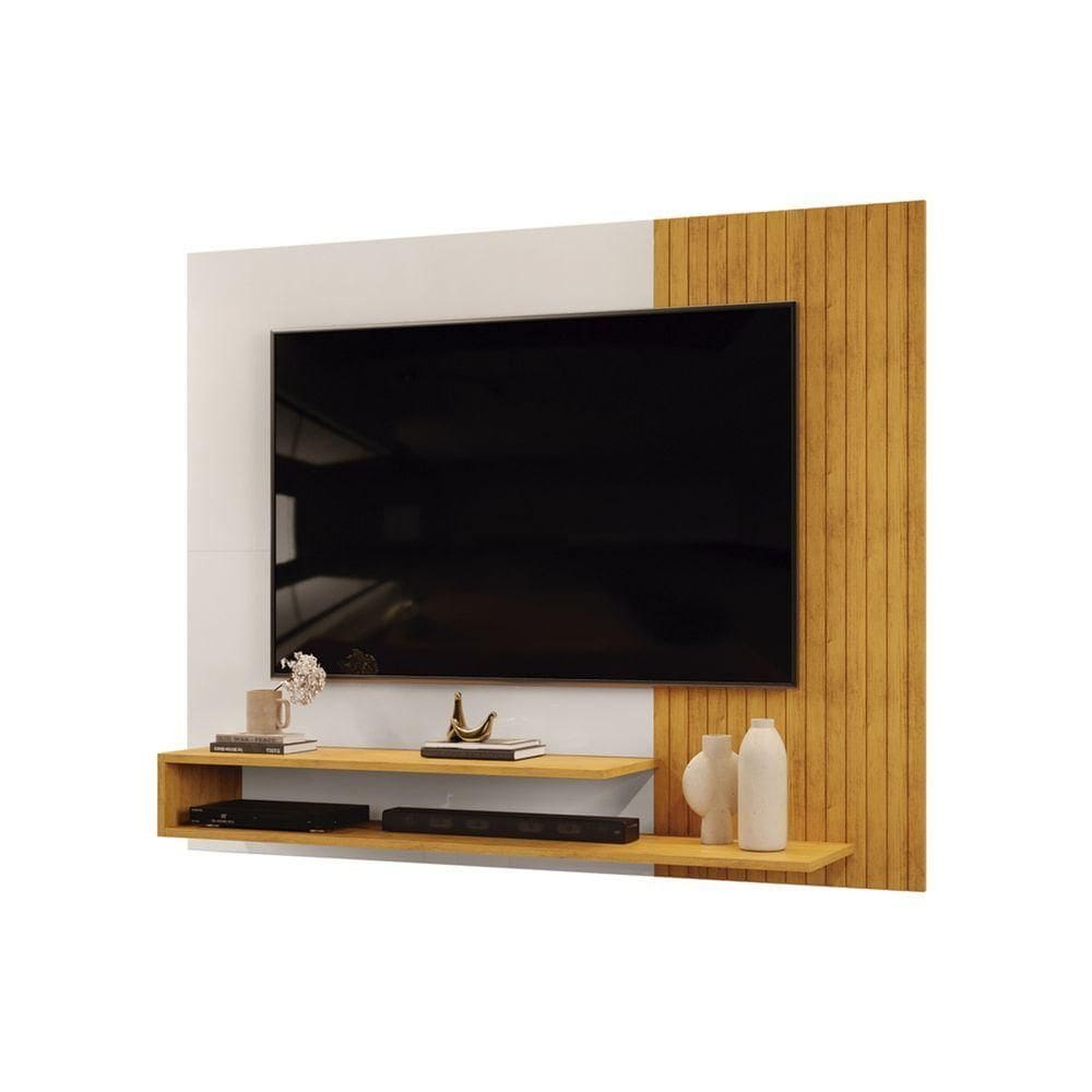 Painel Nando Com Ripas E Prateleira Cedro Com Bali