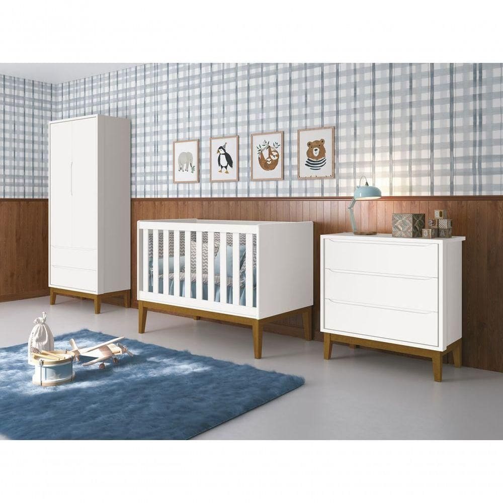 Jogo De Quarto Para Bebê Completo 2 Portas Classic New Branco Fosco Com Madeira - Moveisaqui