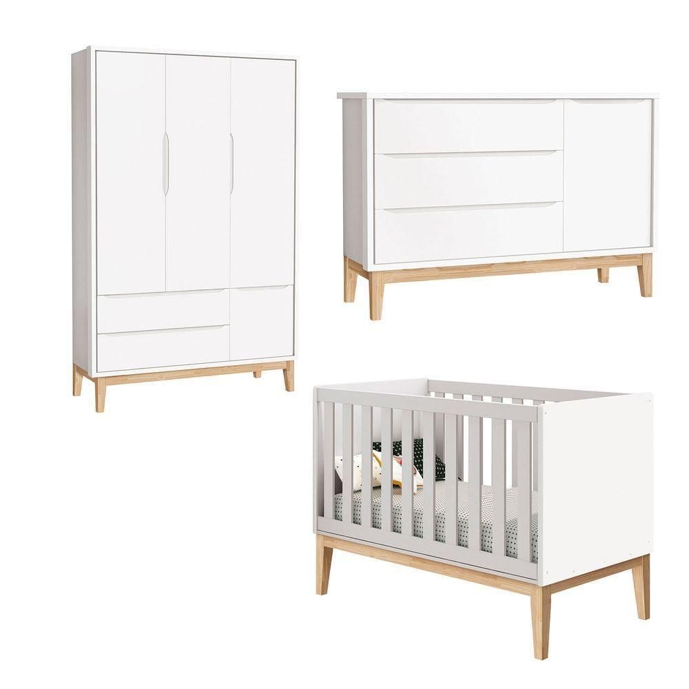 Jogo De Quarto Para Bebê Completo 3 Portas Classic New Branco Fosco Com Natural - Reller