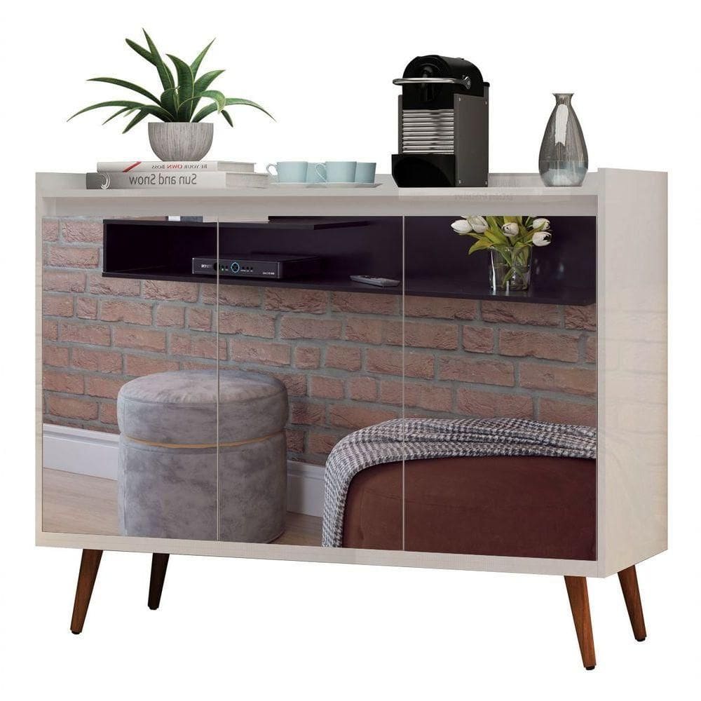 Buffet Aparador Retrô Com Espelho Delux 3 Portas Branco Gloss - Moveisaqui