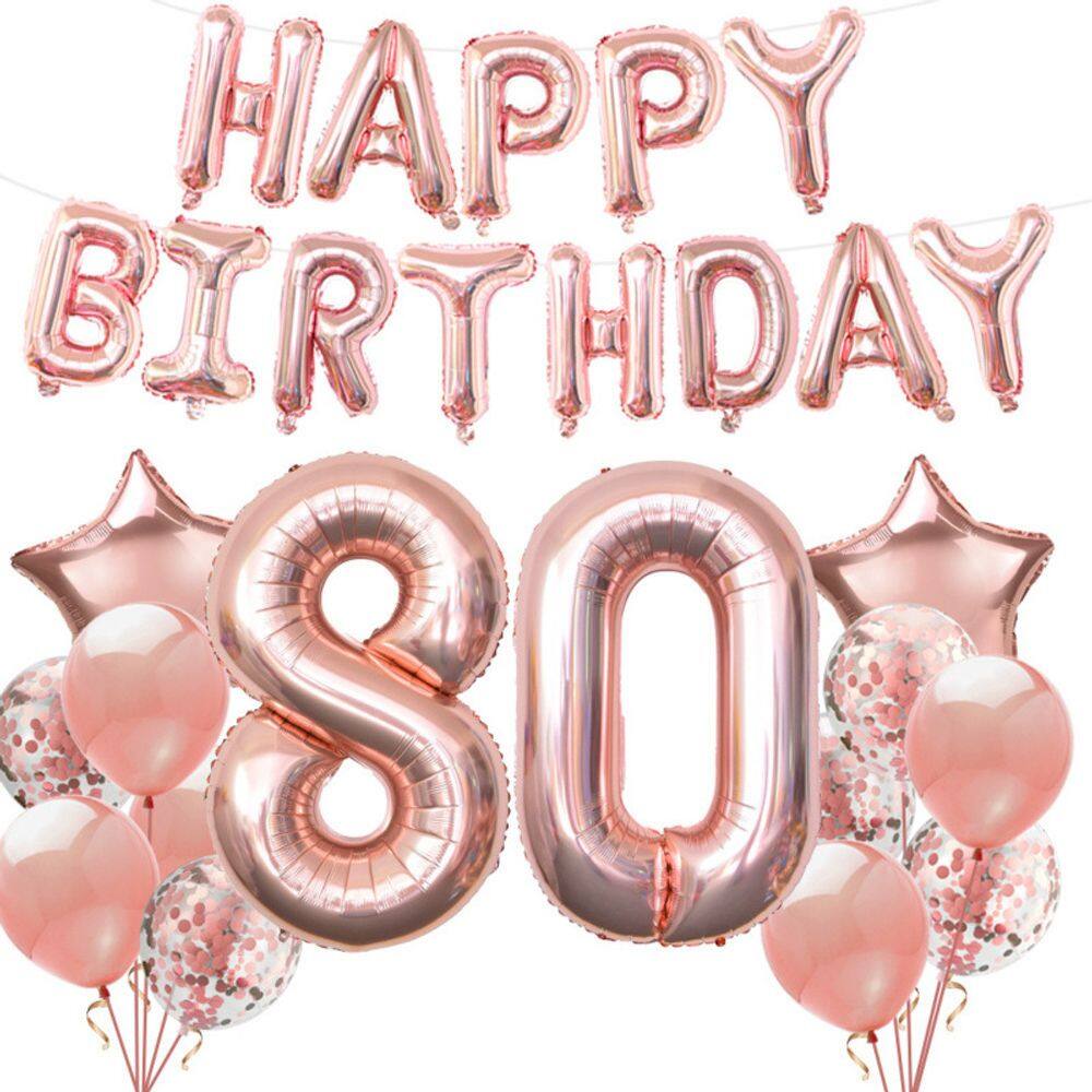 Conjunto de balões em ouro rosa, 80º aniversário, feliz aniversário x13