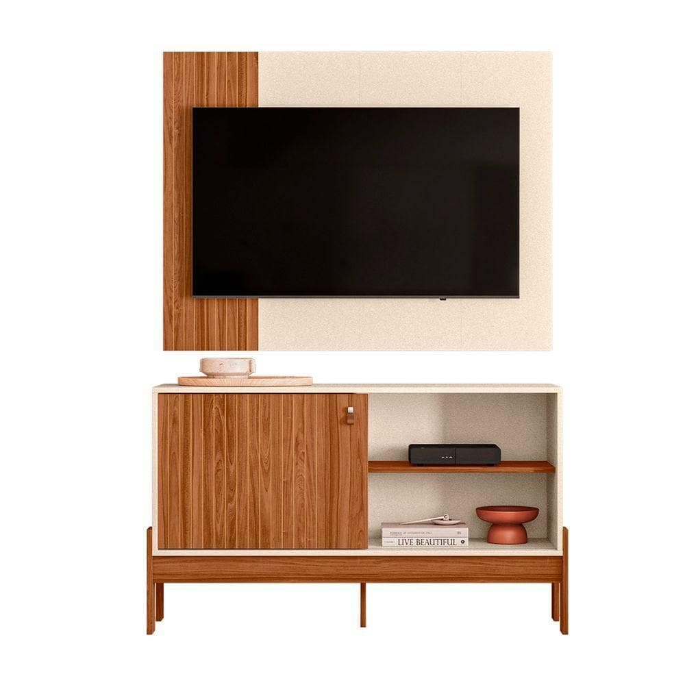 Home Rack Painel Wood Sala Para Tv De 42 Polegadas Cinamomo Com Off White